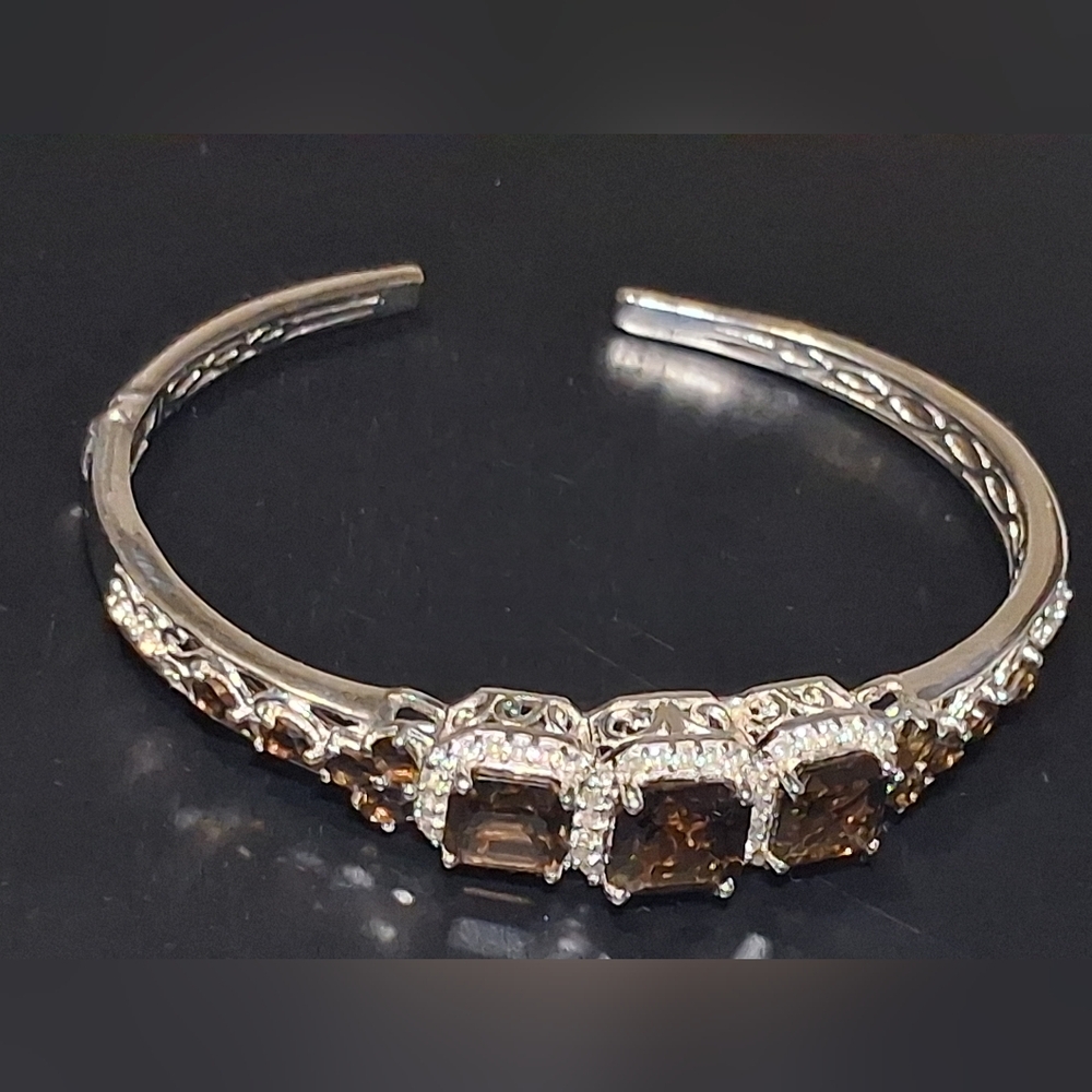 🌟SOLD🌟Smokey Quartz & Zirchon Open Cuff Sterling Silver Bracelet 11.10 cts - Picture 14 of 16
